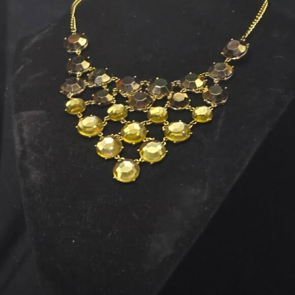 Gold Tone Statement Necklace With Multi-Layered Faceted Crystal Accents & Adjust - Picture 1 of 8